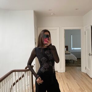 Black Floral Mesh Sleeve Top with rhinestones